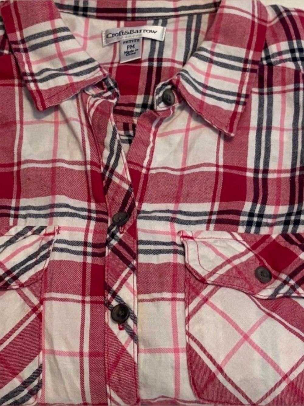 Croft & Barrow. red, pink, white, and black plaid button-up shirt.